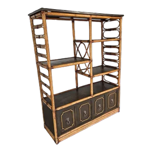 Mid 20th Century Vintage Hollywood Regency Bamboo Rattan Etagere W Bifold Doors