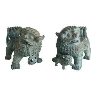 Vintage Chinese Vert De Gris Bronze Foo Dogs- a Pair For Sale