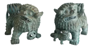 Vintage Chinese Vert De Gris Bronze Foo Dogs- a Pair