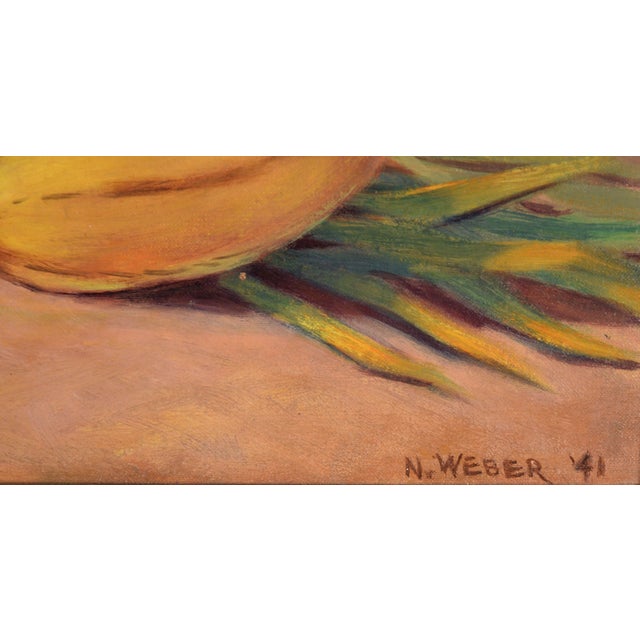 1940s Tropical Still Life With Green Pot and Ukulele in Oil on Wood Panel by N. Weber For Sale - Image 5 of 9
