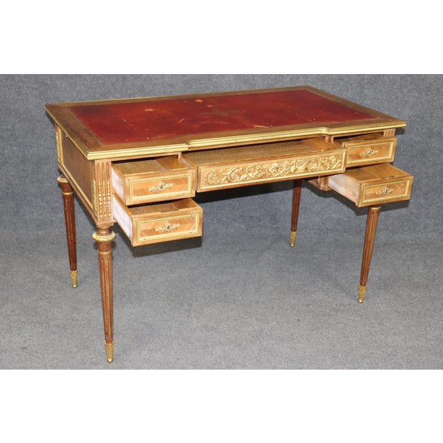 French 19th C French Louis XVI Style Leather Top and Bronze Ormolu Desk With Pull Panel For Sale - Image 3 of 16