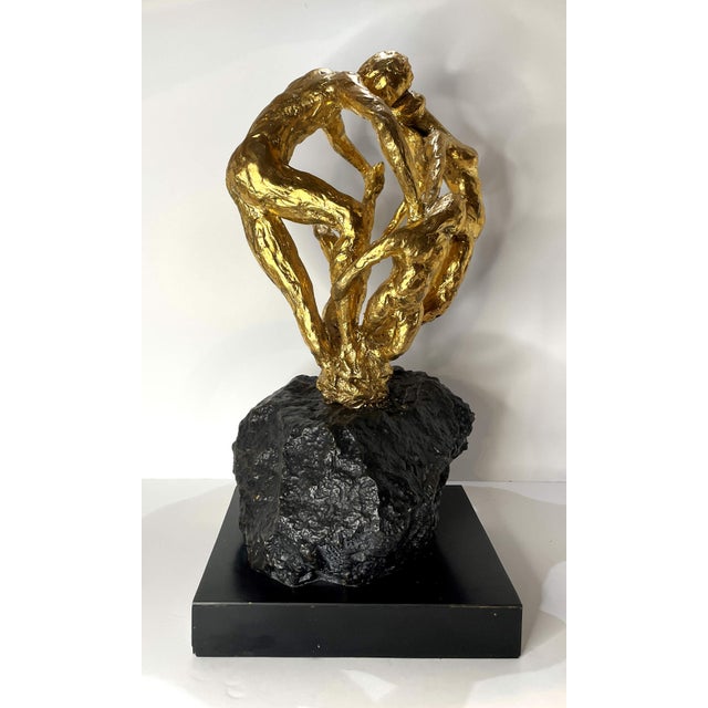 1960s Bronze Sculpture, "Commitment," by Annette F. (Jalilova), of a man, woman, and child in a circular embrace.