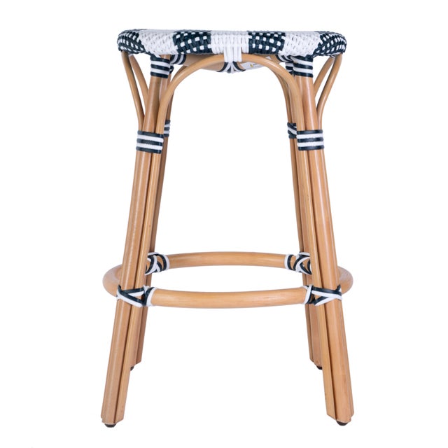 2020s Tobias 24 in. Seat Height Round Rattan Backless Counter Stool, White/Navy Stripe/ Natural Rattan Frame For Sale - Image 5 of 7