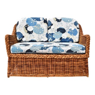 Michael Taylor Braided Wicker Rattan Loveseat Settee For Sale