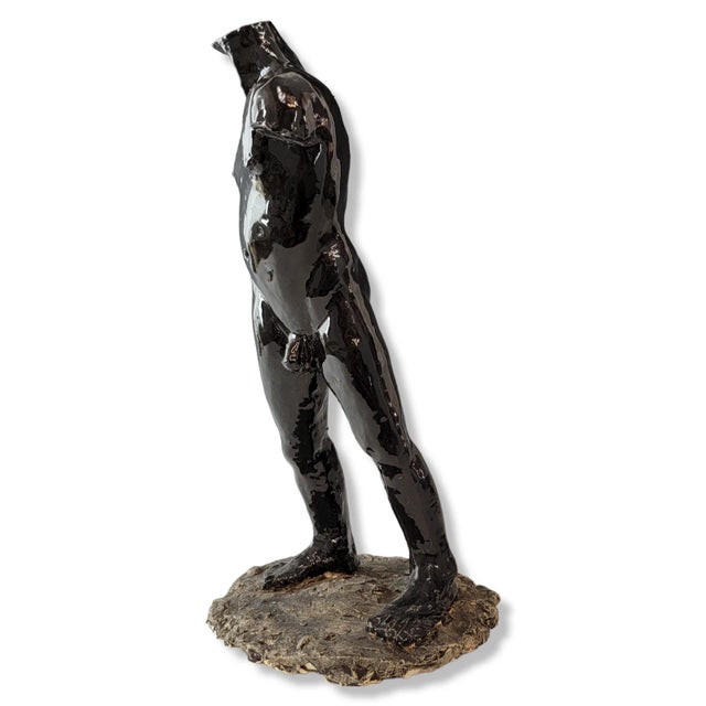 Vintage Nude Male Black Hard Clay Sculpture Glazed Torso For Sale - Image 4 of 9