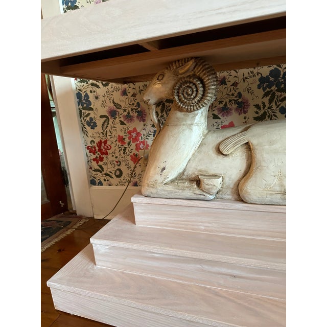 1930’ks Style Three Tier Pickled Oak Ram Console Table With Goats For Sale - Image 4 of 10
