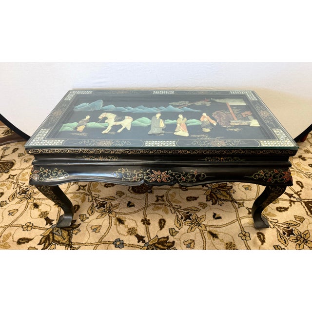 Wood Mid 20th Century Chinoiserie Black Lacquer Coffee Table With Carved Hard Stone Art For Sale - Image 7 of 10