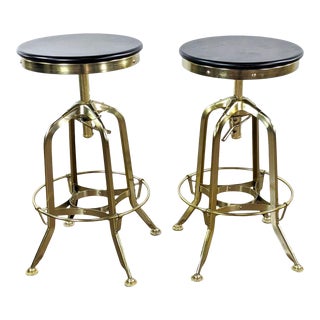Restoration Hardware Vintage Brass and Mahogany Swivel Stools - a Pair For Sale