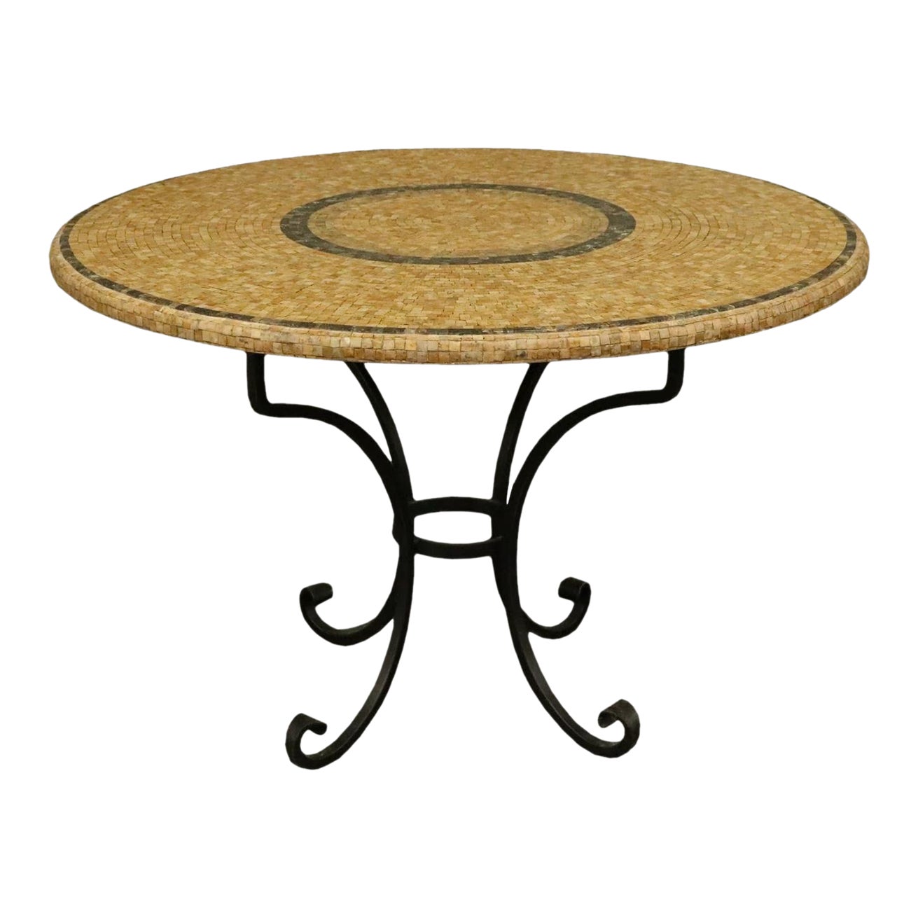 Arhaus Round Travertine Marble Mosaic Dining Room Table in Wrought Iron Chairish