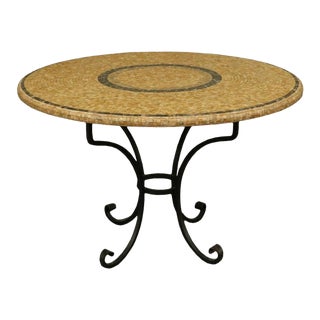Arhaus Round Travertine Marble Mosaic Dining Room Table in Wrought Iron For Sale