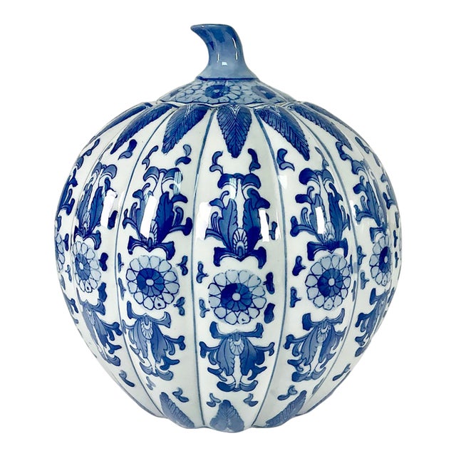 1980s Vintage Chinoiserie Boho Chic Hollywood Regency Blue & White Pumpkin, Halloween & Thanksgiving For Sale