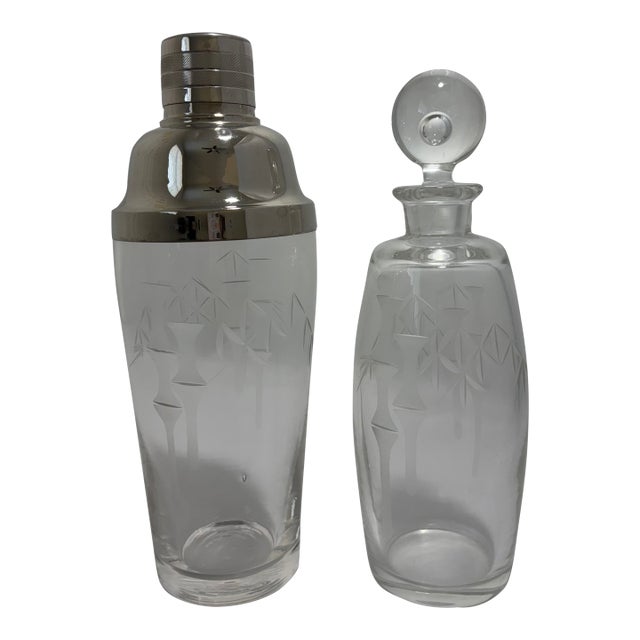 Vintage Noritake Sasaki Bamboo Etched Crystal Cocktail Shaker & Decanter Set For Sale