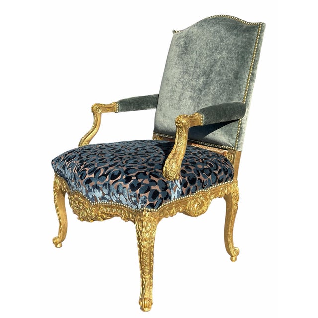 Quatrain for Dessin Fournir Louis XV Style Giltwood Fauteuil Arm Chair W Blue Silk Velvet.