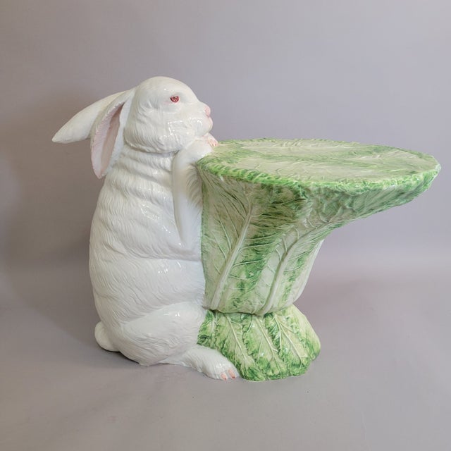 Italian Porcelain Rabbit Sculptural Accent Table Stand With Lettuce Leaf Top, C. 1970s For Sale In Raleigh - Image 6 of 9