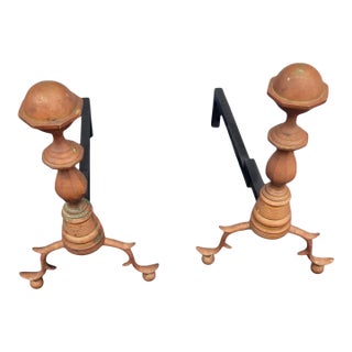 Pair of 19th C Colonial Style Brass & Cast Iron Andirons Copper Finish Antique For Sale