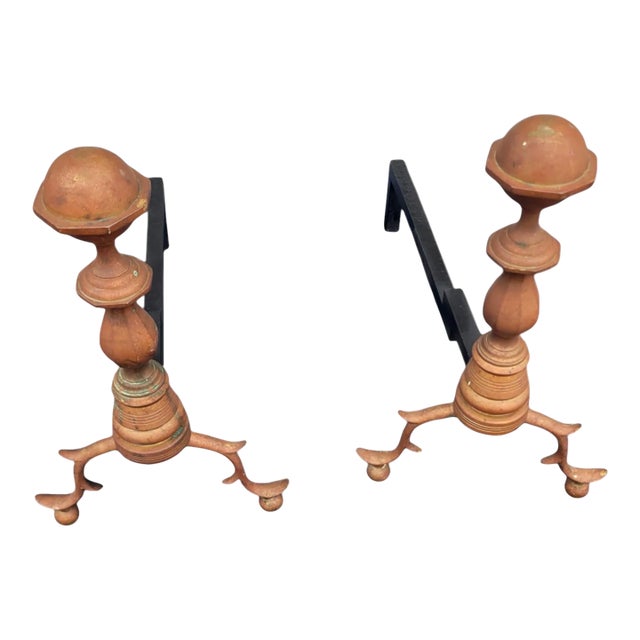 Pair of 19th C Colonial Style Brass & Cast Iron Andirons Copper Finish Antique For Sale