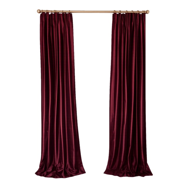 Custom Made Designer Silk Deep Red Wine Drapery Panels Pair Pinch Pleat – Flannel Interlined, Lined For Sale