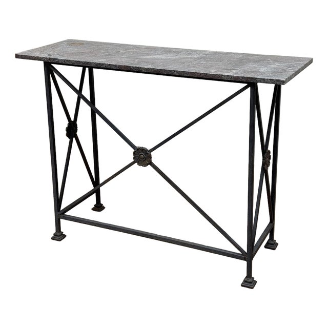 Vintage Stone Top Medallion Iron Base Console Table For Sale