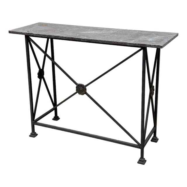 Vintage Stone Top Medallion Iron Console Table For Sale