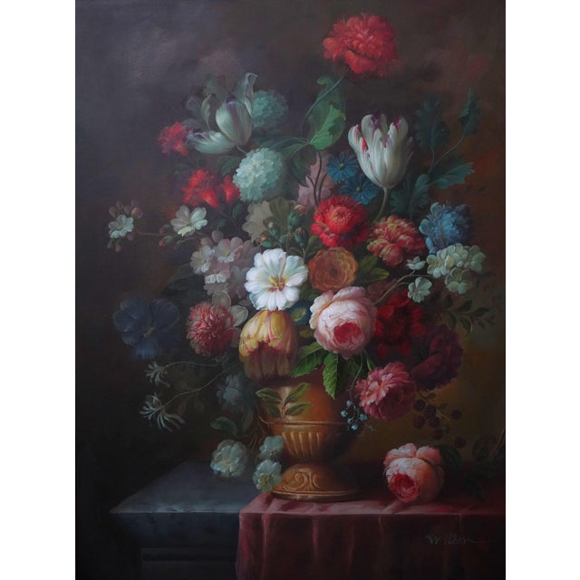 1980s Wilbur Artist Signed Large Oil Painting on Canvas Floral Still Life in Vase For Sale - Image 5 of 12