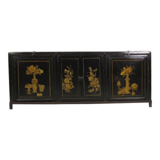 Hand Painted 68" Long Black Sideboard Cabinet With Iron Stand For Sale