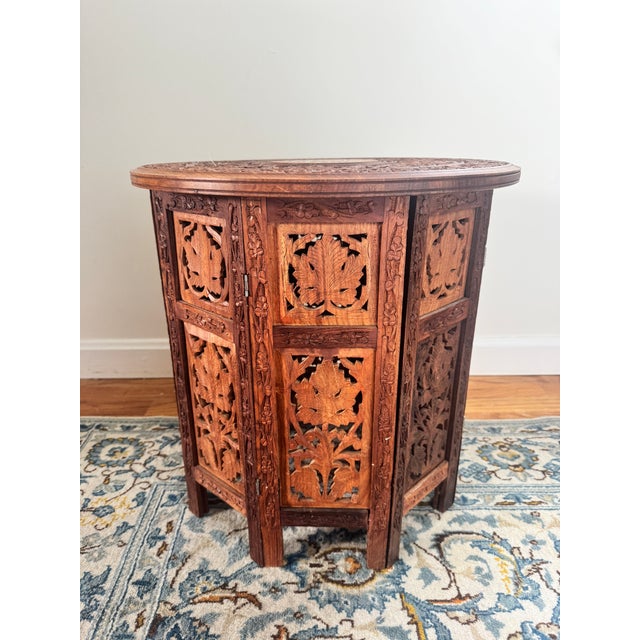 Late 20th Century Late 20th Century Anglo Indian Sheesham Carved Wood Side Table With Inlay For Sale - Image 5 of 12