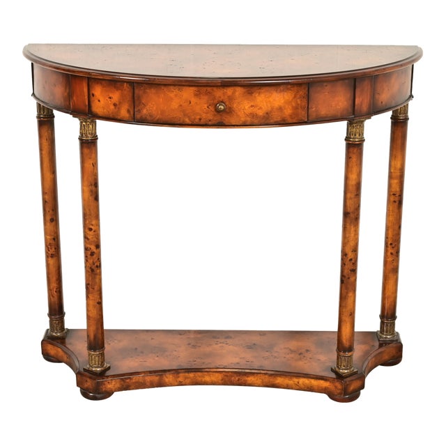 Maitland Smith Style French Empire Burl Wood and Gold Gilt Demilune Console Table For Sale