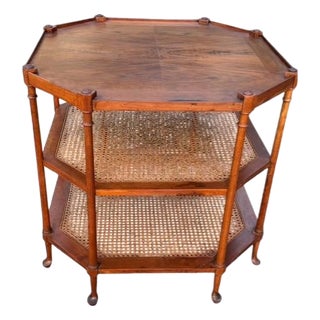 Vintage Baker Furniture Octagonal Bookmatched Walnut & Cane Three-Tier Side Table For Sale