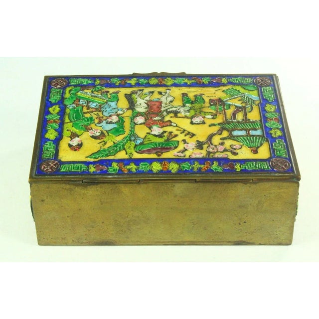 Chinese Polychrome Enameled Brass Box, Wood Lined W. Children Scene For Sale - Image 4 of 9