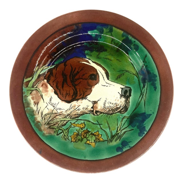 A Wedgwood Majolica Plate With Dog, English, Ca. 1873 For Sale