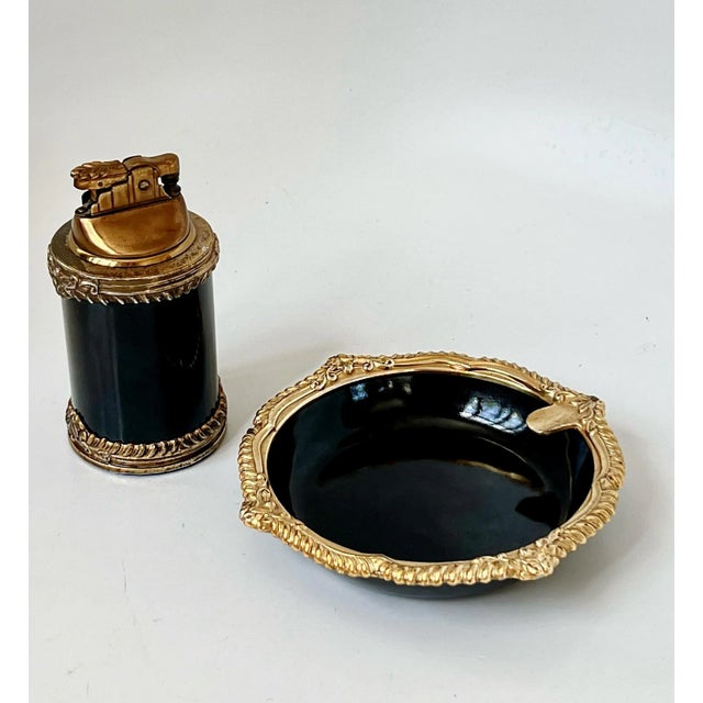Bovano A Vintage Circa 1960s Hollywood Regency Royal Bovano Black Enamel / Gilt Brass Ashtray and Table Lighter, the Set of 2 Pieces For Sale - Image 4 of 12
