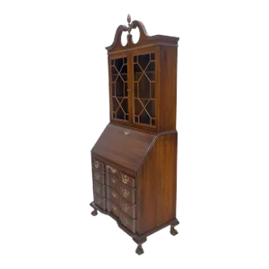 Tall Double Glass Doors Ball Claw Carved Finial Drop Block Front Secretary