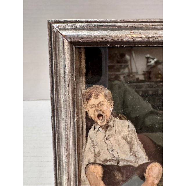 Antique w.c. Vincent Miniature Watercolor Painting Boy Wash Tub Dog Framed For Sale - Image 4 of 6