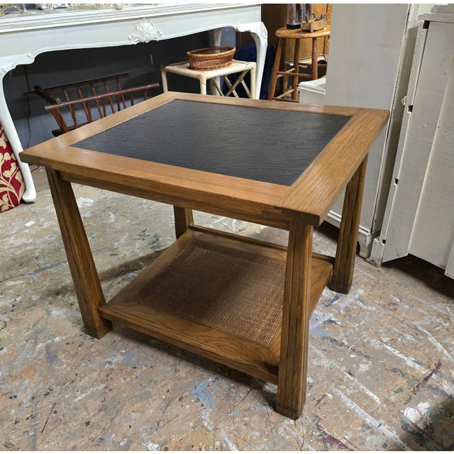 1960s Mid Century Modern Solid Oak and Black Slate Coffee & End Table