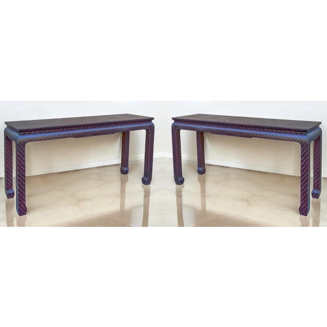 Baker Furniture Company Asian Modern Grasscloth Wrapped Ming Style Console Tables Att. Baker Furniture For Sale - Image 4 of 12