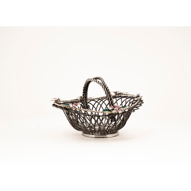 Hollywood Regency Wire Basket with Floral Decor, 1950s For Sale - Image 4 of 10
