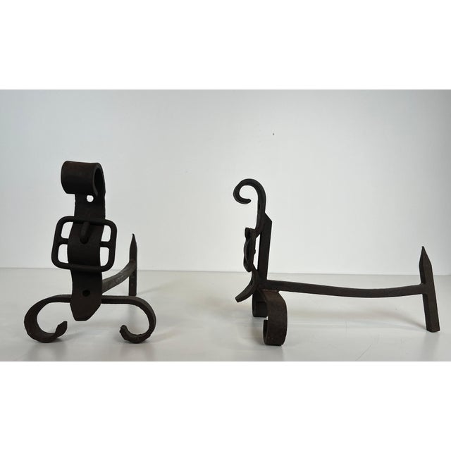 Black 1950s Pair of cast iron andirons representing a belt. French work. For Sale - Image 8 of 12