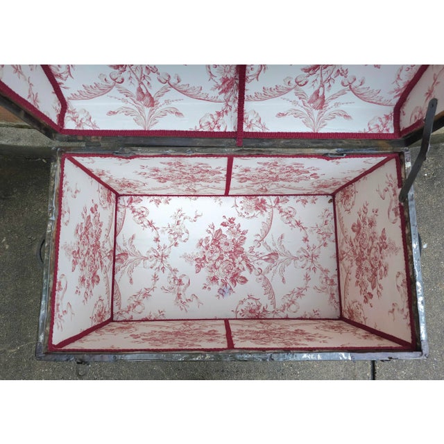 19th C. Refurbished and ReUpholstered Dome Top Metal & Wood Bound Blanket Chest For Sale - Image 9 of 11