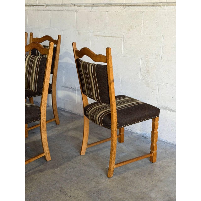 In Style of Henning Kjærnulf Oak Dining Chairs Set of 6 With Striped Upholstery 1970s For Sale - Image 10 of 11