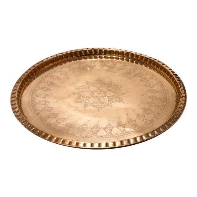 Antique Large Round Etched Bronze Tray with Heart Motif For Sale