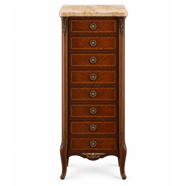 Elegant matched pair of Louis XV-style semainiers featuring beautifully figured wood veneers, warm-toned marble tops, and...