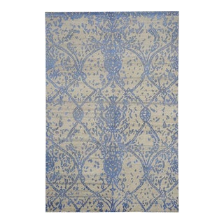 Nepalese Modern Wool & Silk 4X6 Blue & Ivory Handmade Area Rug #9902954 For Sale
