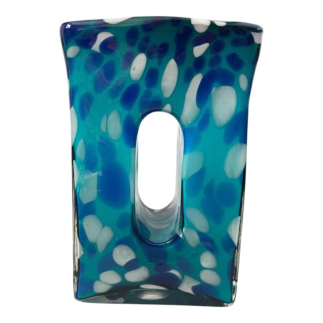VTG Murano Rectangle Blue Vase 10” Art Glass Donut Hole Dual-Chamber Retro For Sale