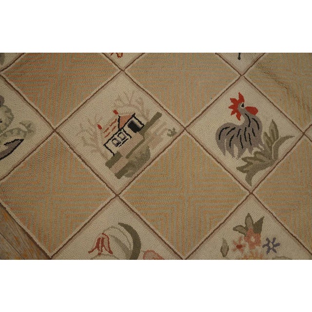 1930s Beige Rose Animal Folk Art Antique American Hooked Rug 10'0" X 13'9" Woven Wool Carpet For Sale In New York - Image 6 of 9
