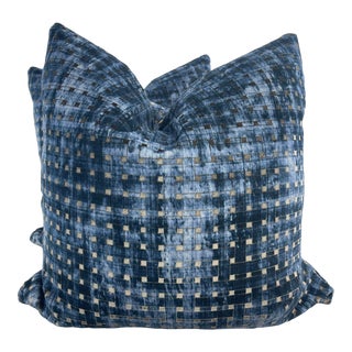 Faded Denim Embossed Velvet 22" Pillows-A Pair For Sale