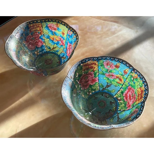 Green Large Chinese Cloisonné Plique-à-Jour Bowls - A Pair For Sale - Image 8 of 13