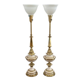 Vintage Mid-Century Modern Stiffel Torchiere Table Lamps Brass & Enamel Hollywood Regency - a Pair For Sale