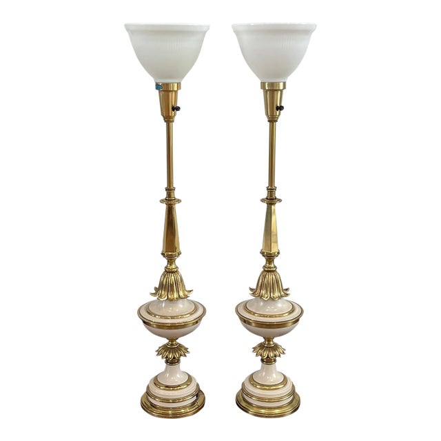 Vintage Mid-Century Modern Stiffel Torchiere Table Lamps Brass & Enamel Hollywood Regency - a Pair For Sale