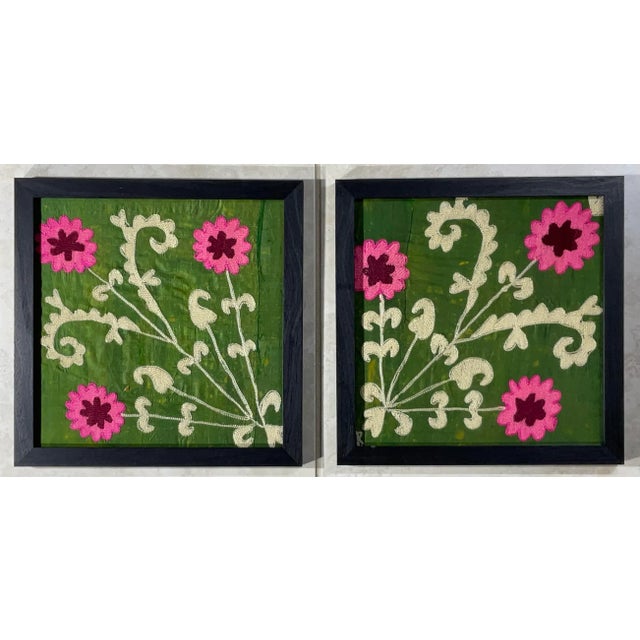 Pair of 19 Century Antique Silk Suzani Wall Hanging For Sale - Image 10 of 10