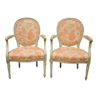 Pair of Antique French Louis XVI Toile Armchairs Bergeres Fauteuils For Sale